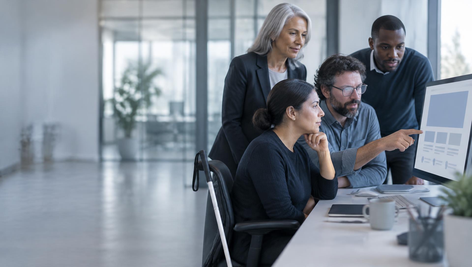 Illustrative photo of four colleagues reviewing a website together on a desktop screen in a modern office.